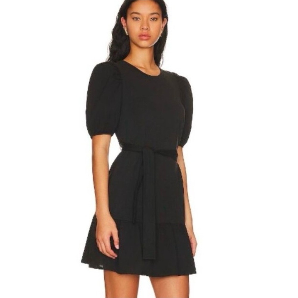 Nation LTD Evangeline Black Cotton Puff Sleeve Tiered Belted Mini Dress Large